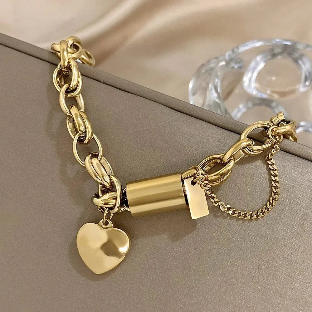 Women's Statement Chain Bracelet with Heart Charms and Multi-Layered Chain Details