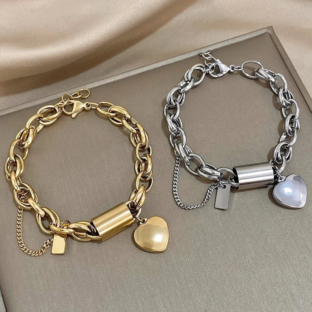 Women's Statement Chain Bracelet with Heart Charms and Multi-Layered Chain Details