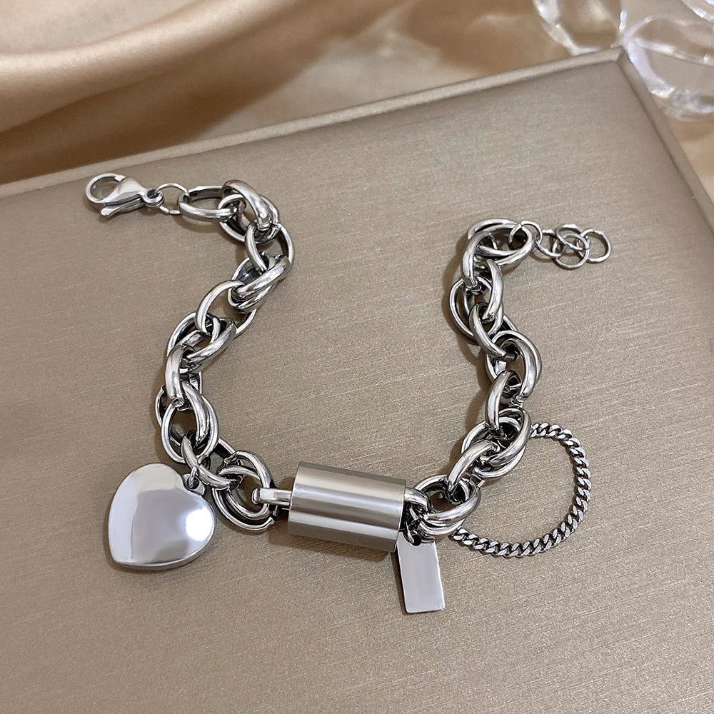 Women's Statement Chain Bracelet with Heart Charms and Multi-Layered Chain Details