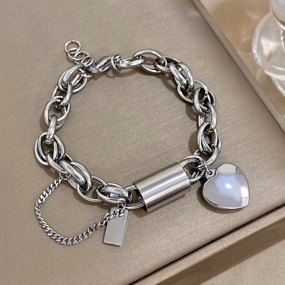 Women's Statement Chain Bracelet with Heart Charms and Multi-Layered Chain Details