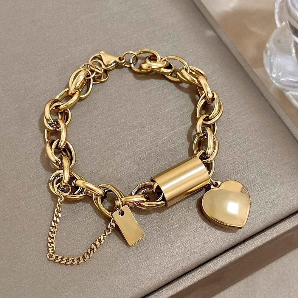 Women's Statement Chain Bracelet with Heart Charms and Multi-Layered Chain Details