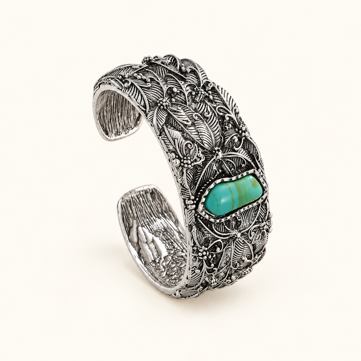 Women's Open Statement Bracelet with Ornamental Engraving and Oval Stone Centerpiece