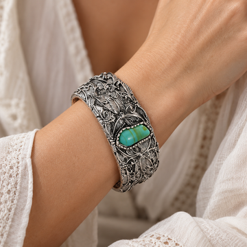 Women's Open Statement Bracelet with Ornamental Engraving and Oval Stone Centerpiece