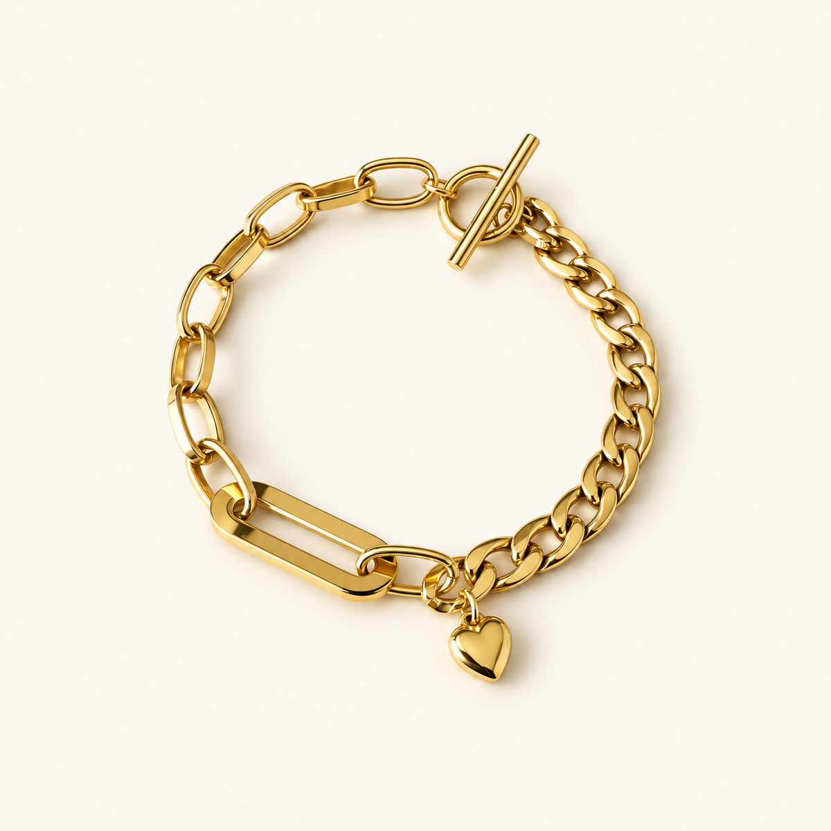 Charm Bracelet for Women’s with Mixed Chain Links, Heart Charm and T-Bar Clasp