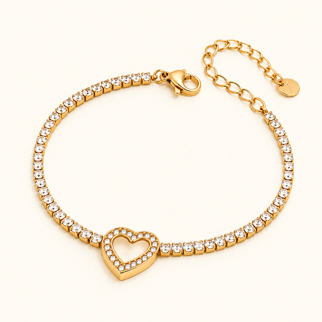 Women’s Heart Bracelet with Continuous Stone Setting and Central Heart Motif
