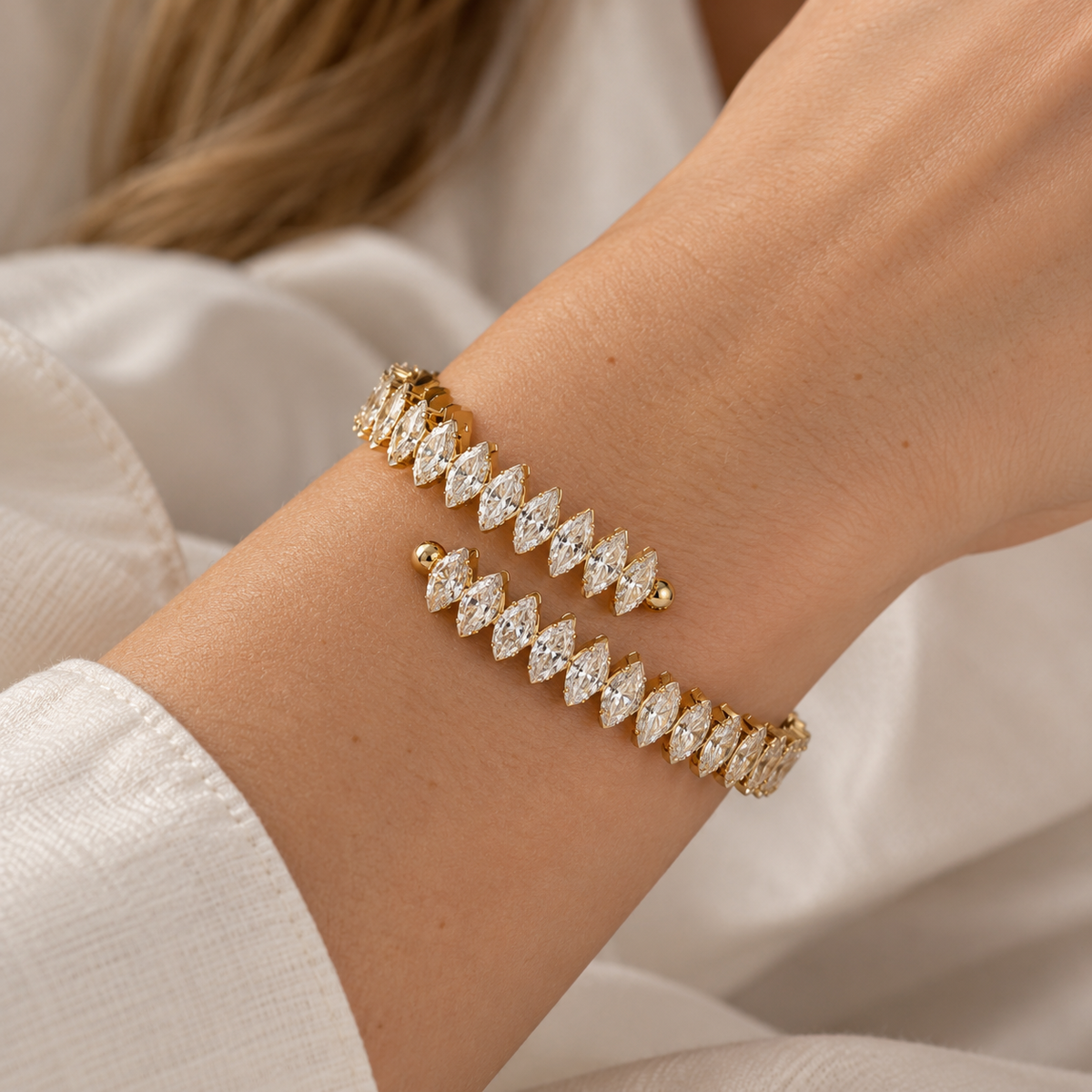 Women's Bracelet with Adjustable Design and Continuous Marquis Stone Row