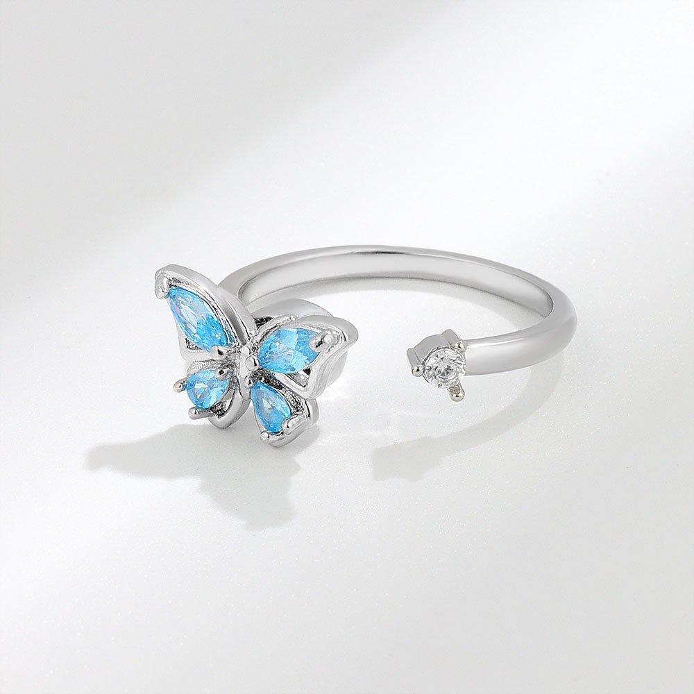 Women's Adjustable Open Ring with Butterfly Motif and Stone Accents