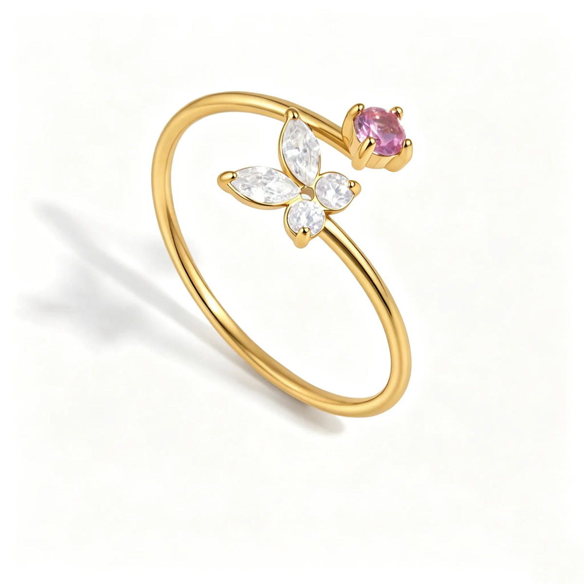 Women's Open Ring with Butterfly and Flower Motif