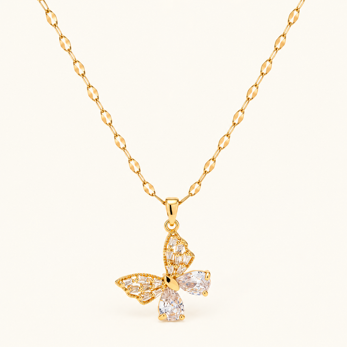 Women's Butterfly Pendant Necklace with Stone-Set Wings and Structured Chain