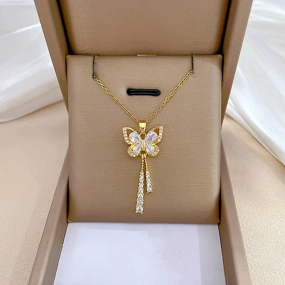 Women's Butterfly Necklace with Hanging Stone Accents