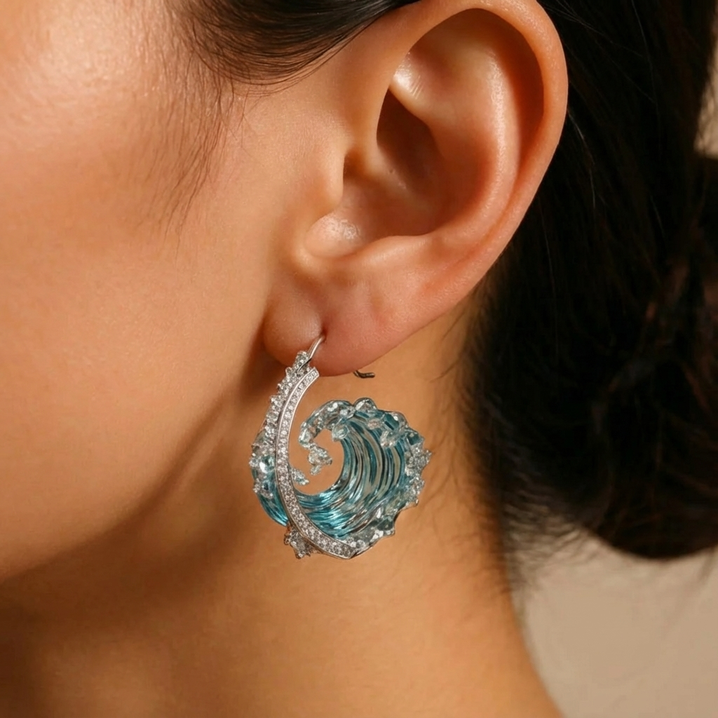 Women's Dangle Earrings with Wave Motif, Open Hoop Shape and Stone Accents