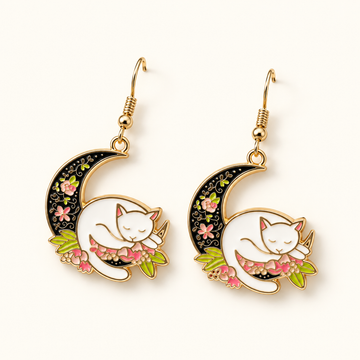 Ladies Earrings with Cat on Half Moon - Pair