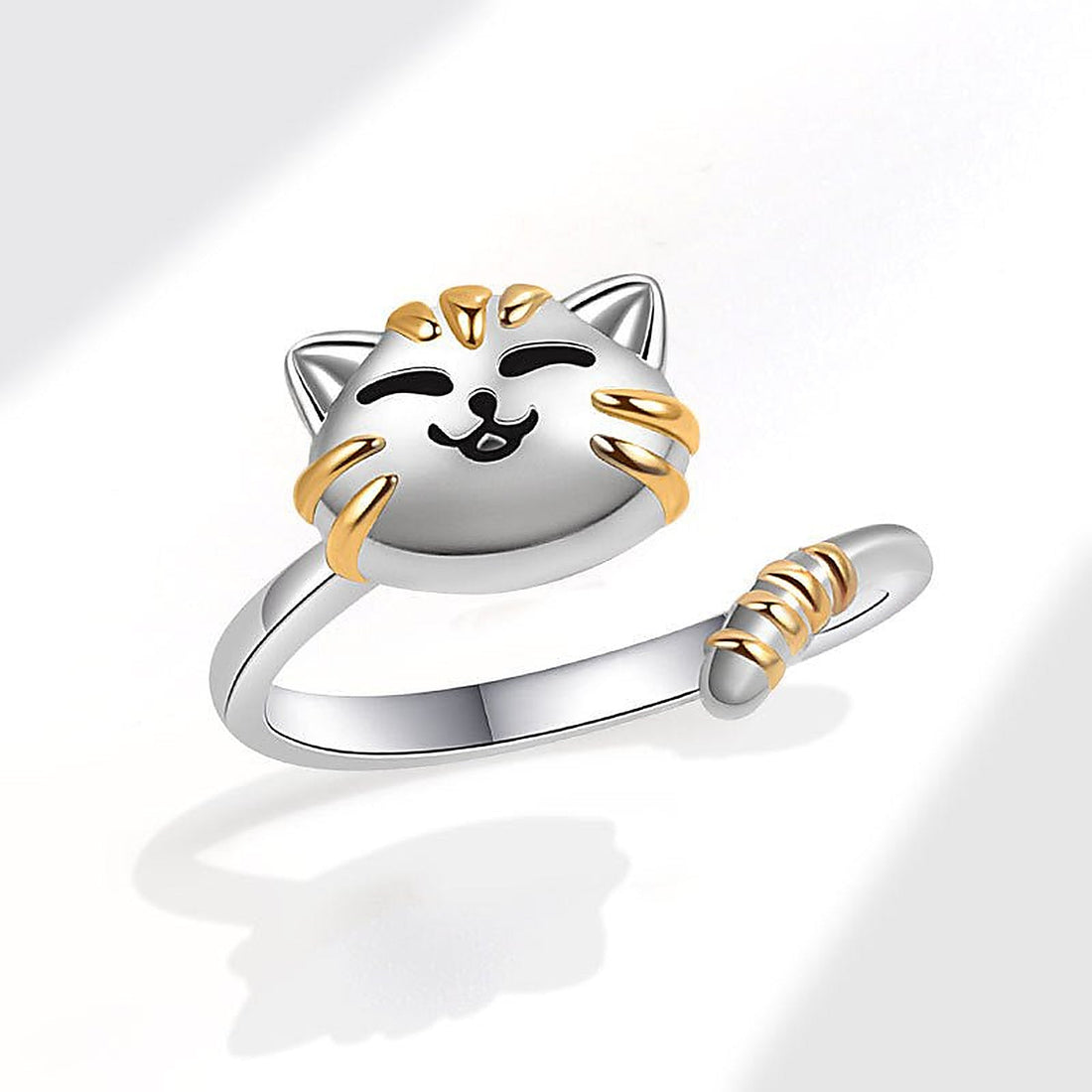 Women’s Adjustable Ring with Cat Motif and Rolled Tail Detail
