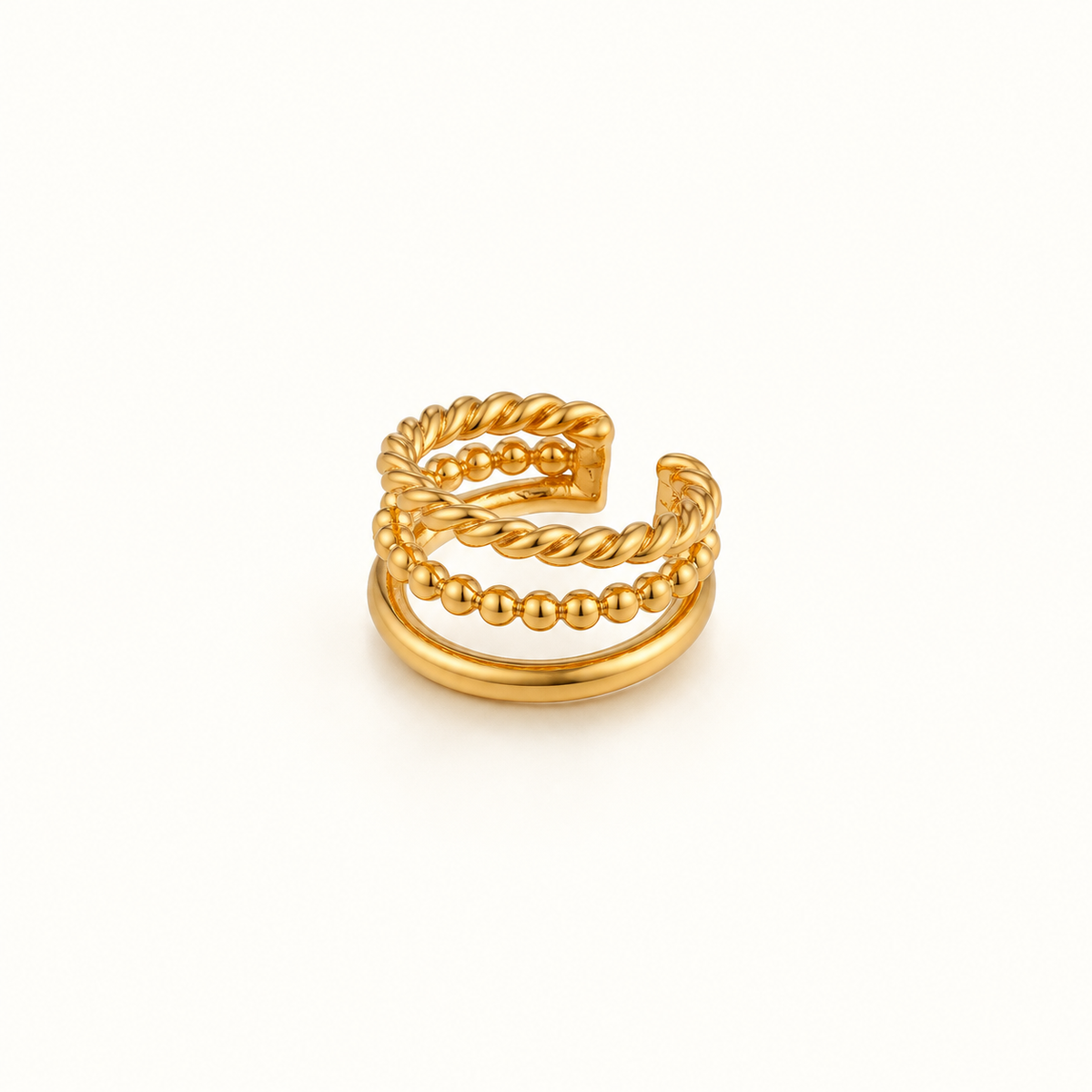 Women’s Threefold Ear Cuff with Rope Structure, Ball Details and Smooth Band