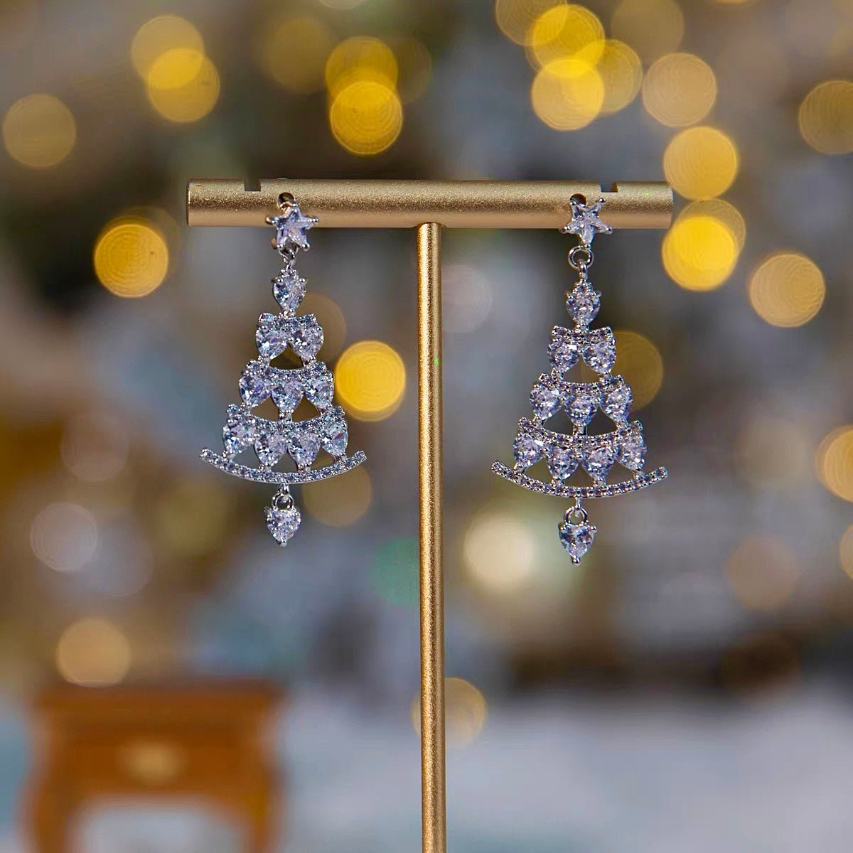 Women’s Earrings in Christmas Tree Shape with Glittering Stone Accents