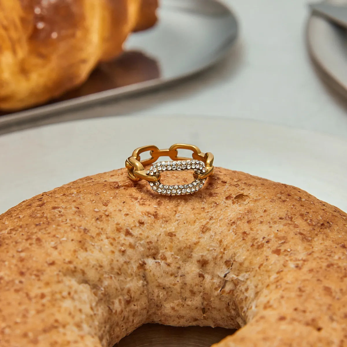 Women's Statement Ring with Link Band and Curved Stone Setting