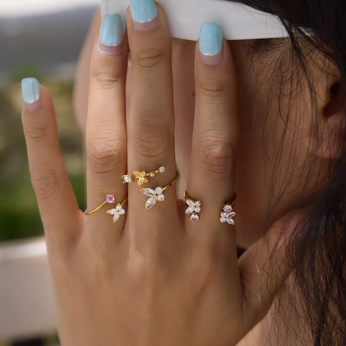 Women's Open Ring with Butterfly and Flower Motif