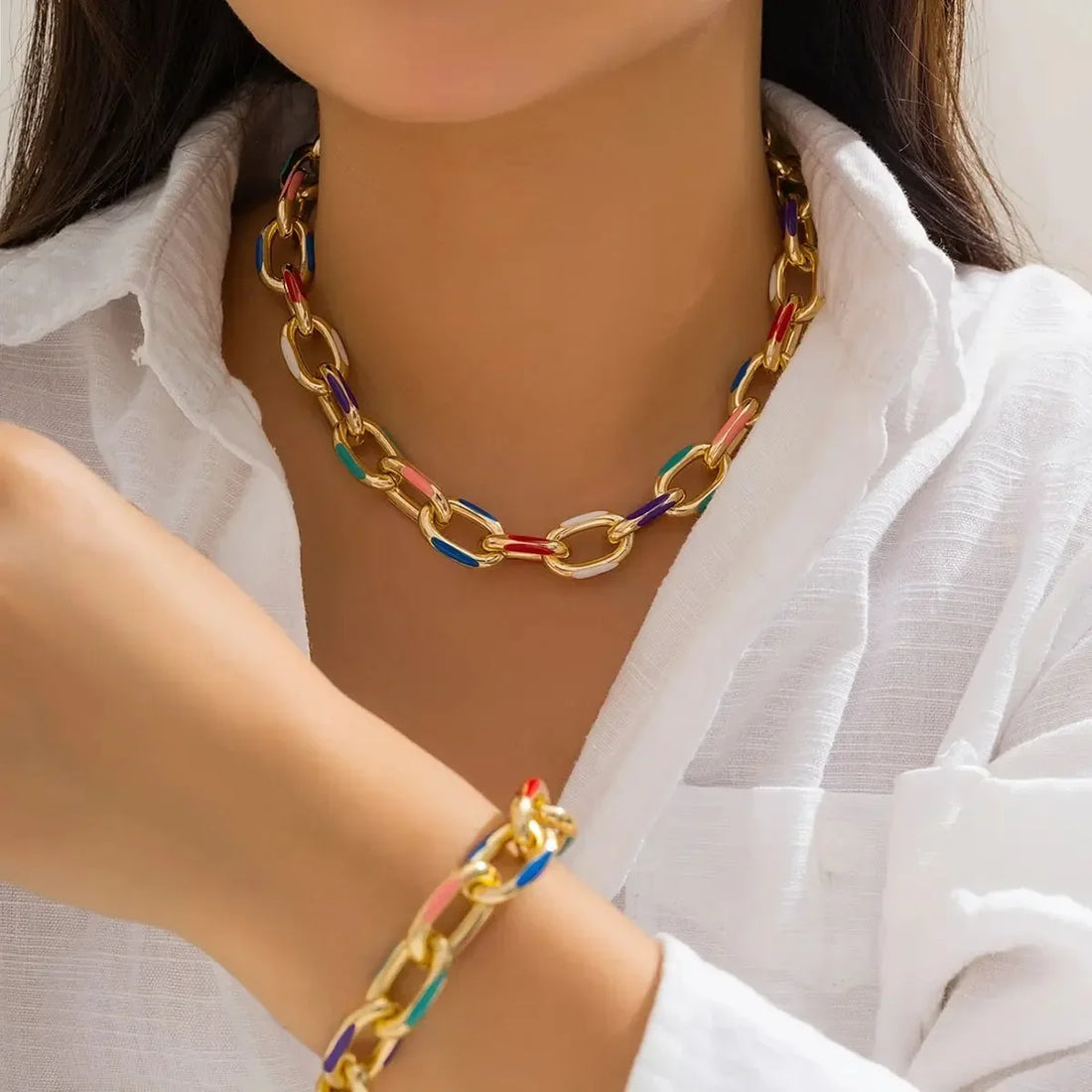 Women's 2-piece Chain Bracelet and Necklace Set with Colored Accents
