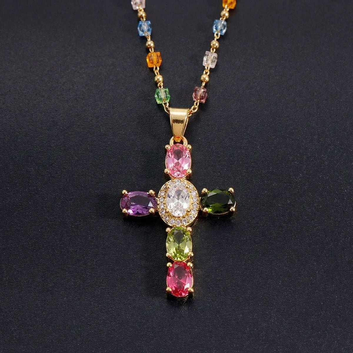 Women's Cross Necklace with Multicolored Stone Embellishment