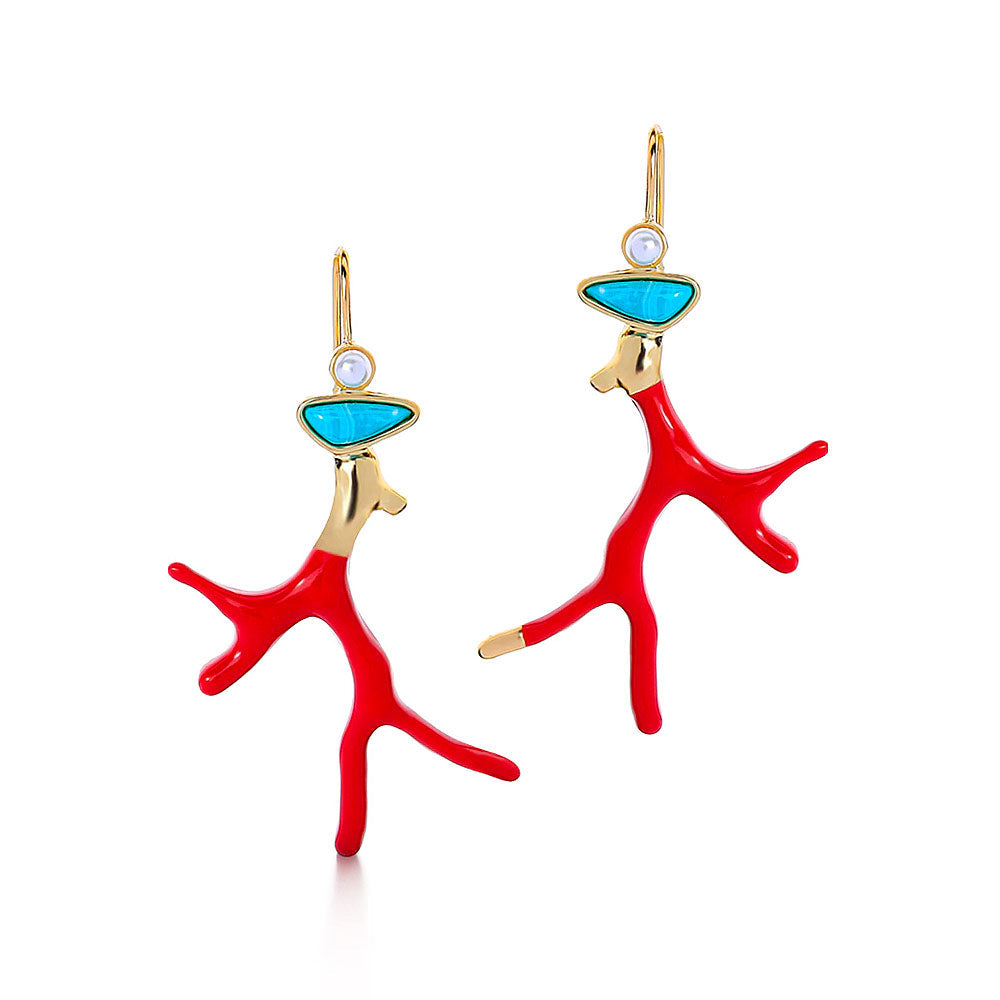 Women’s Coral Drop Earrings with Branch-Shaped Design and Round Accent