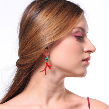 Women’s Coral Drop Earrings with Branch-Shaped Design and Round Accent