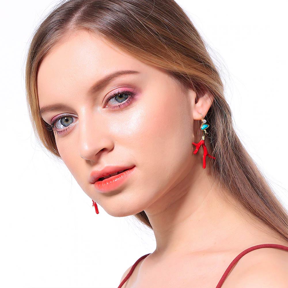 Women’s Coral Drop Earrings with Branch-Shaped Design and Round Accent