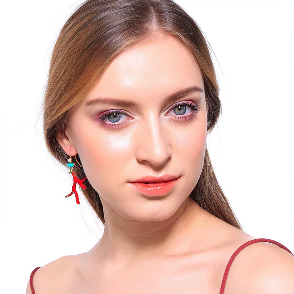 Women’s Coral Drop Earrings with Branch-Shaped Design and Round Accent