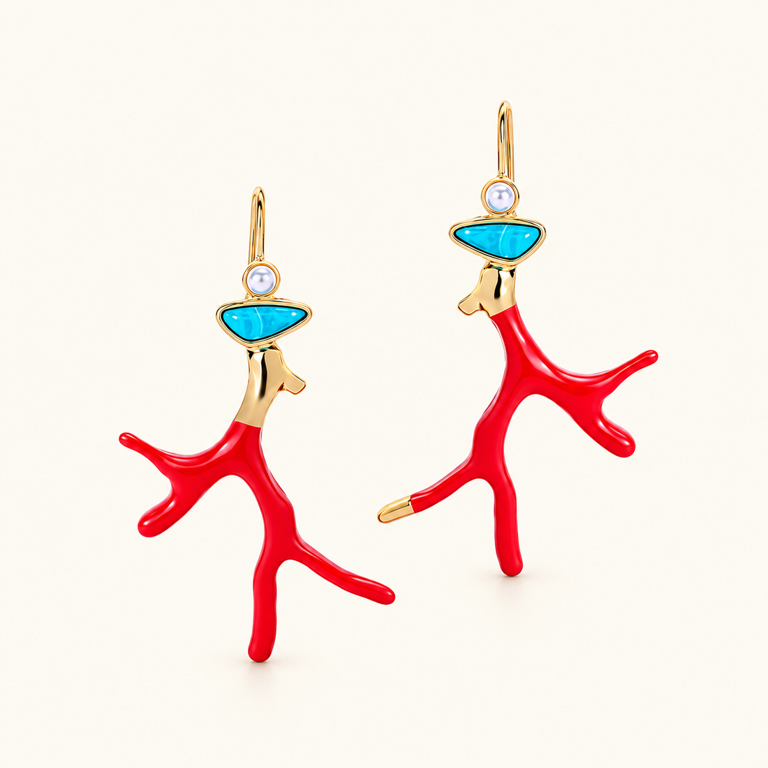 Women’s Coral Drop Earrings with Branch-Shaped Design and Round Accent