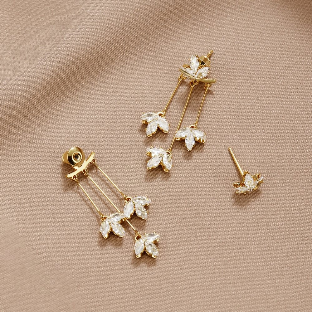 Women's Drop Earrings in Waterfall Design with Leaf-Shaped Stone Accents