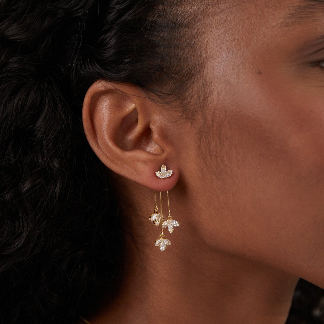 Women's Drop Earrings in Waterfall Design with Leaf-Shaped Stone Accents