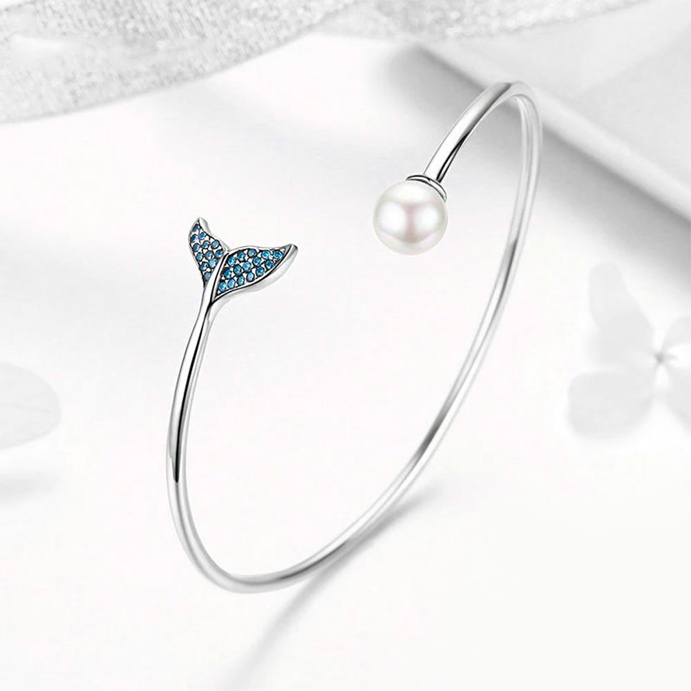 Women’s Open Bracelet with Mermaid Tail, Pearl Detail and Stone Embellishment