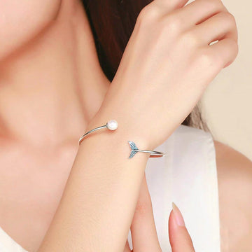 Women’s Open Bracelet with Mermaid Tail, Pearl Detail and Stone Embellishment