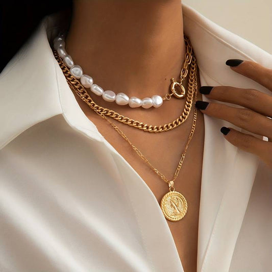 Pearl and Vintage Pendant Necklace - 3 Piece Pendant and Pearl Necklace