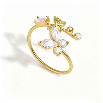 Women's Open Ring with Butterfly and Flower Motif