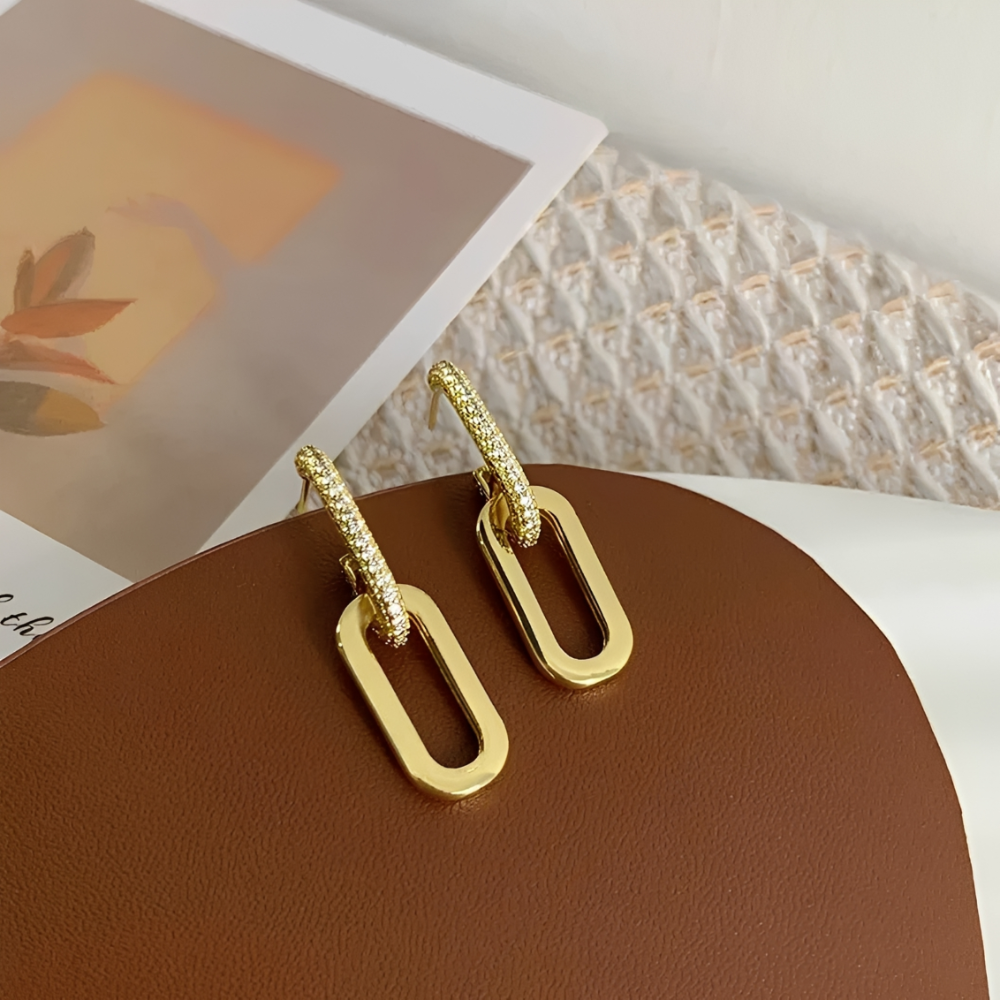 Women's Stud Earrings with Double Loop Design and Paperclip Element