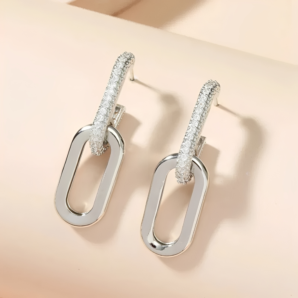 Women's Stud Earrings with Double Loop Design and Paperclip Element