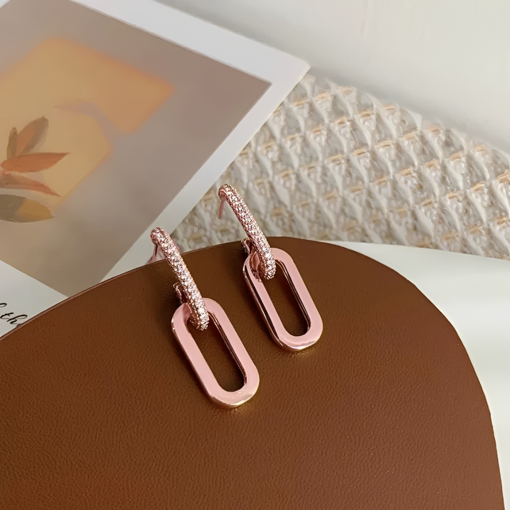 Women's Stud Earrings with Double Loop Design and Paperclip Element