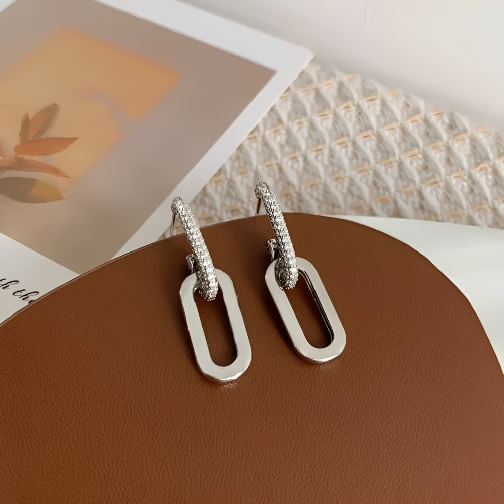 Women's Stud Earrings with Double Loop Design and Paperclip Element