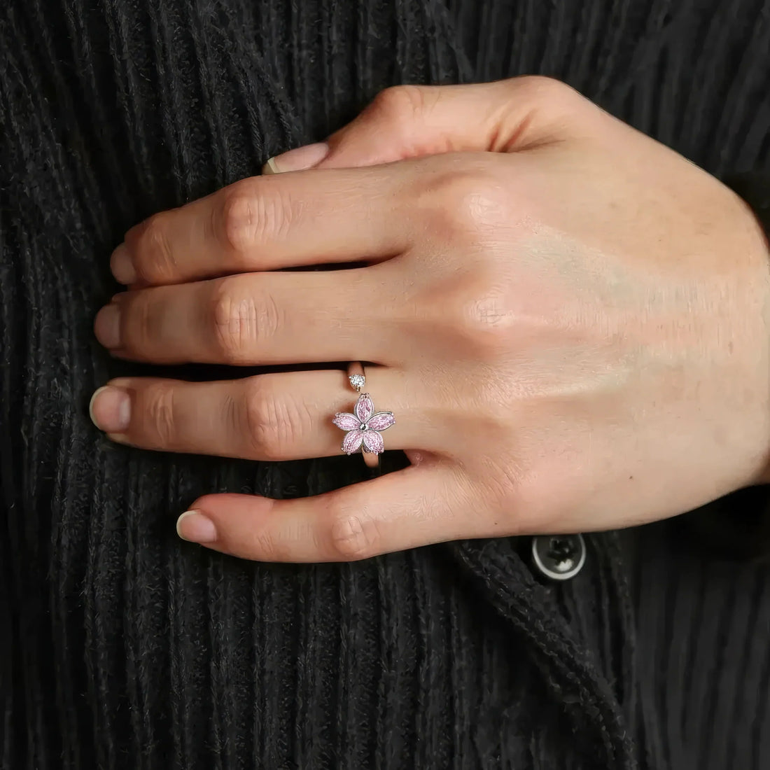 Women’s Adjustable Open Ring with Flower Motif and Small Stone Accent
