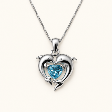Women's Pendant Necklace with Dolphin Heart Motif and Faceted Heart Detail
