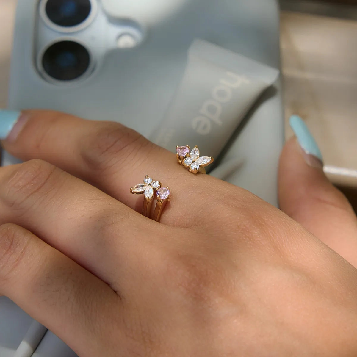 Women's Open Ring with Butterfly and Flower Motif