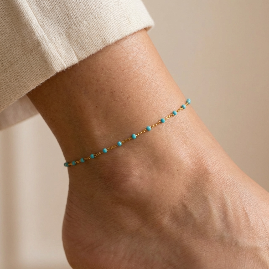Women’s Fine Anklet with Small Stone Beads and Extension Chain