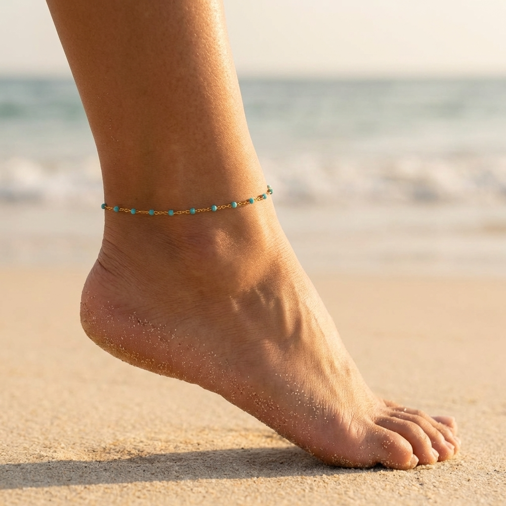 Women’s Fine Anklet with Small Stone Beads and Extension Chain