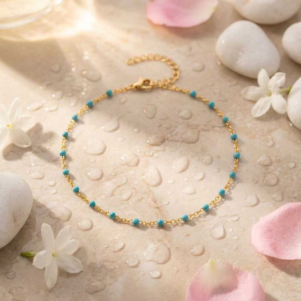 Women’s Fine Anklet with Small Stone Beads and Extension Chain