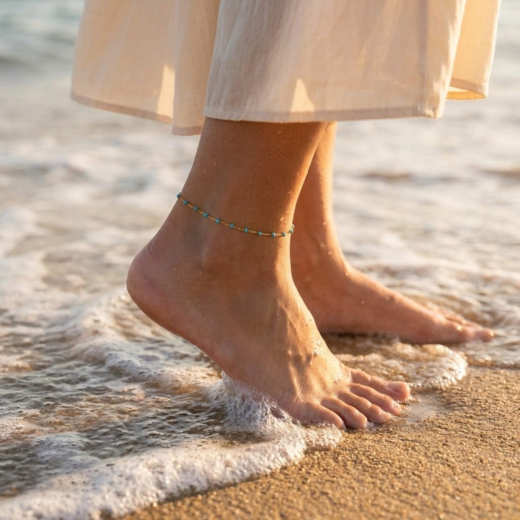 Women’s Fine Anklet with Small Stone Beads and Extension Chain