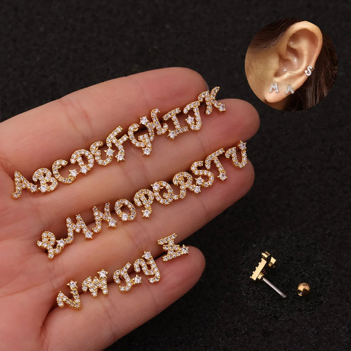 CZ silver initial earrings - delicate studs