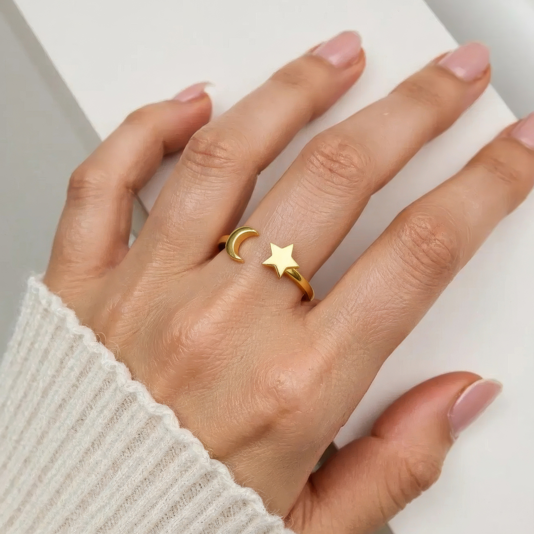 Women’s Adjustable Ring with Moon and Star Motif