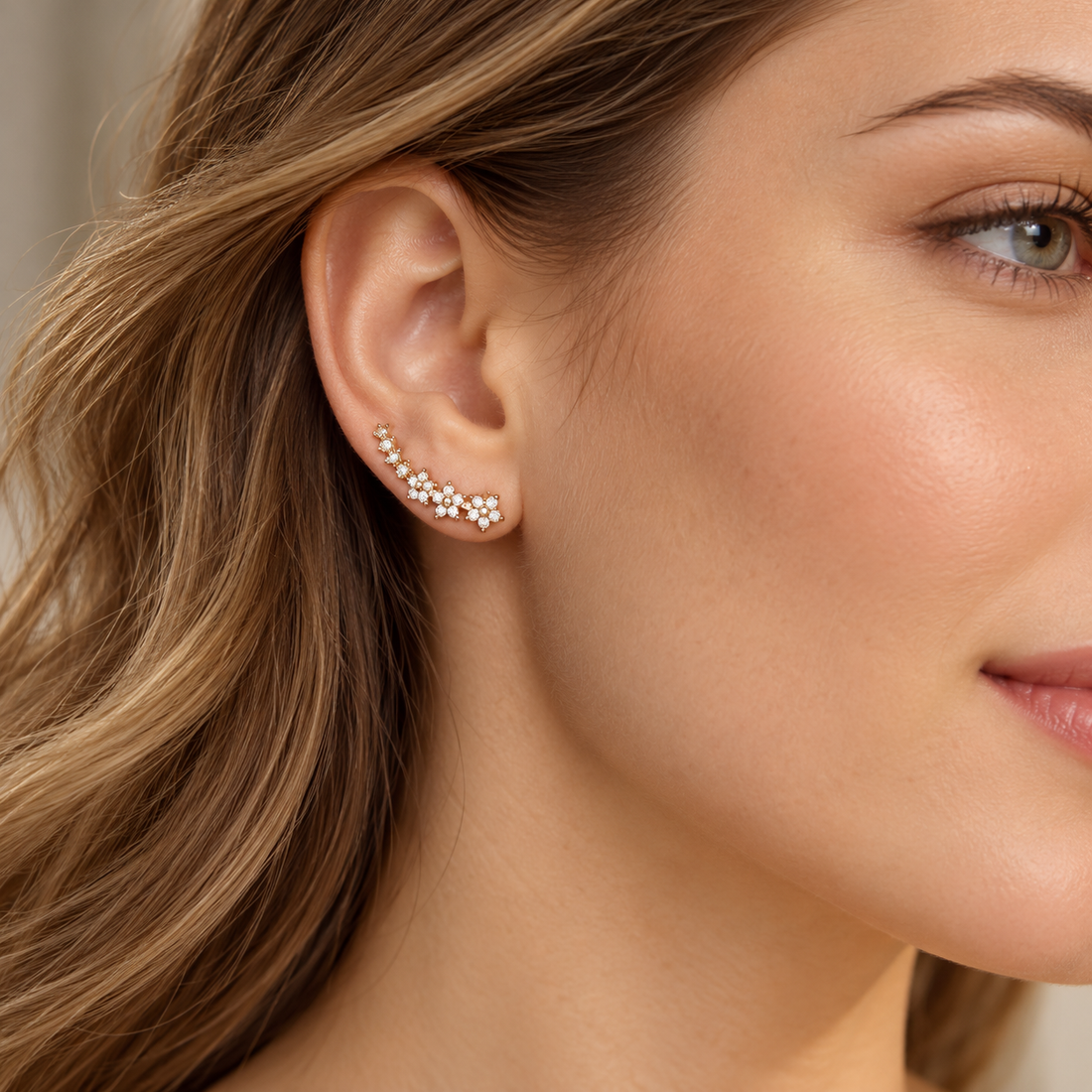 Women's Ear-Climber Earrings with Floral Motifs and Stone Accents