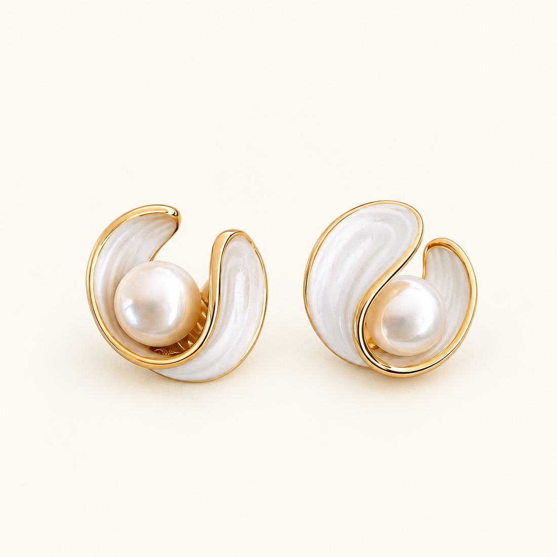Women’s Ear Studs with Round Pearl Detail and Curved Double Frame