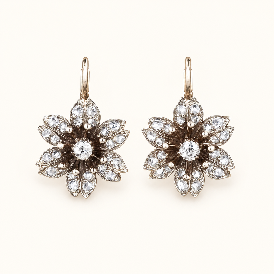 Women’s Flower Drop Earrings with Faceted Petals and Round Center